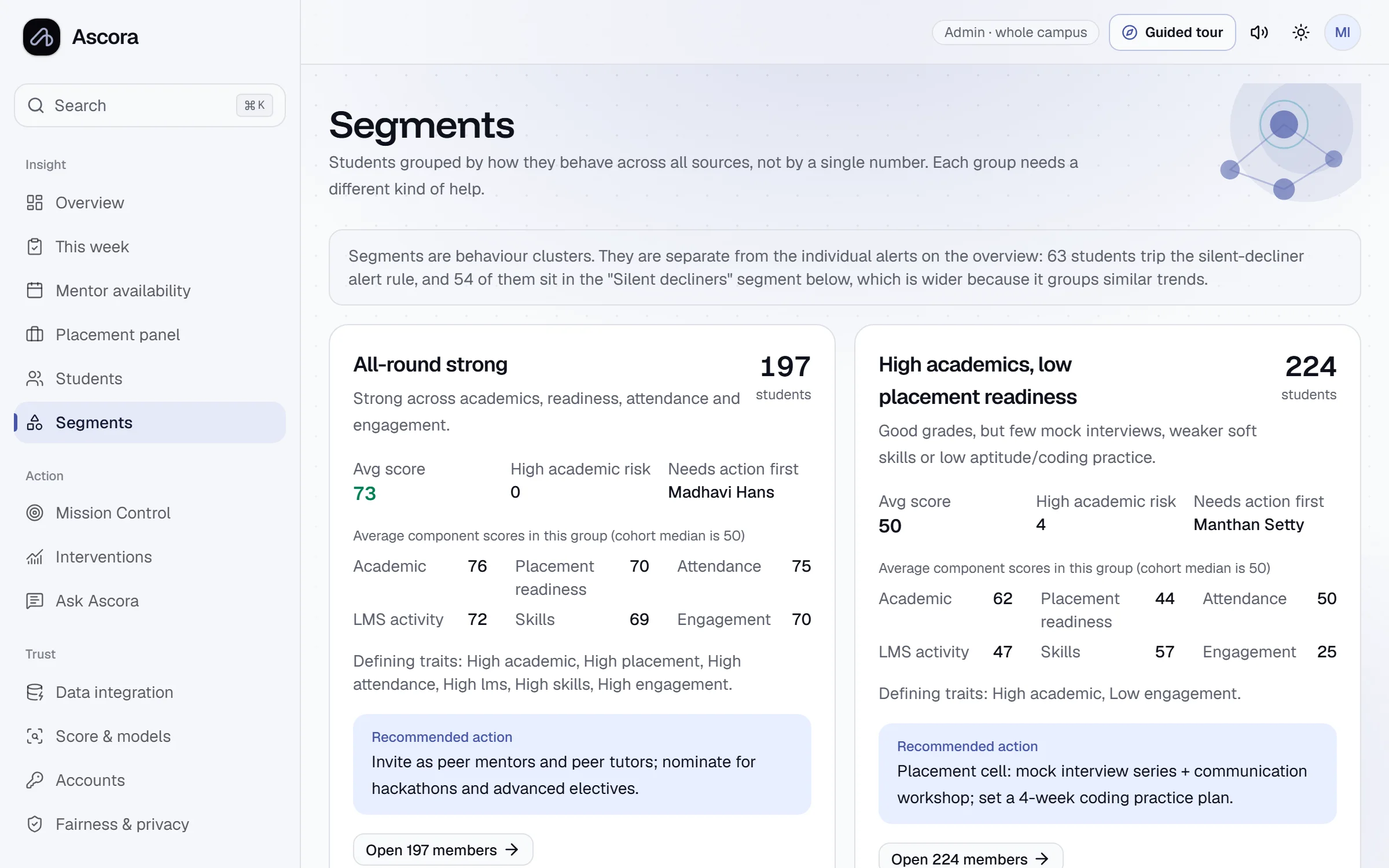 Segments page showing student personas with sizes and recommended actions